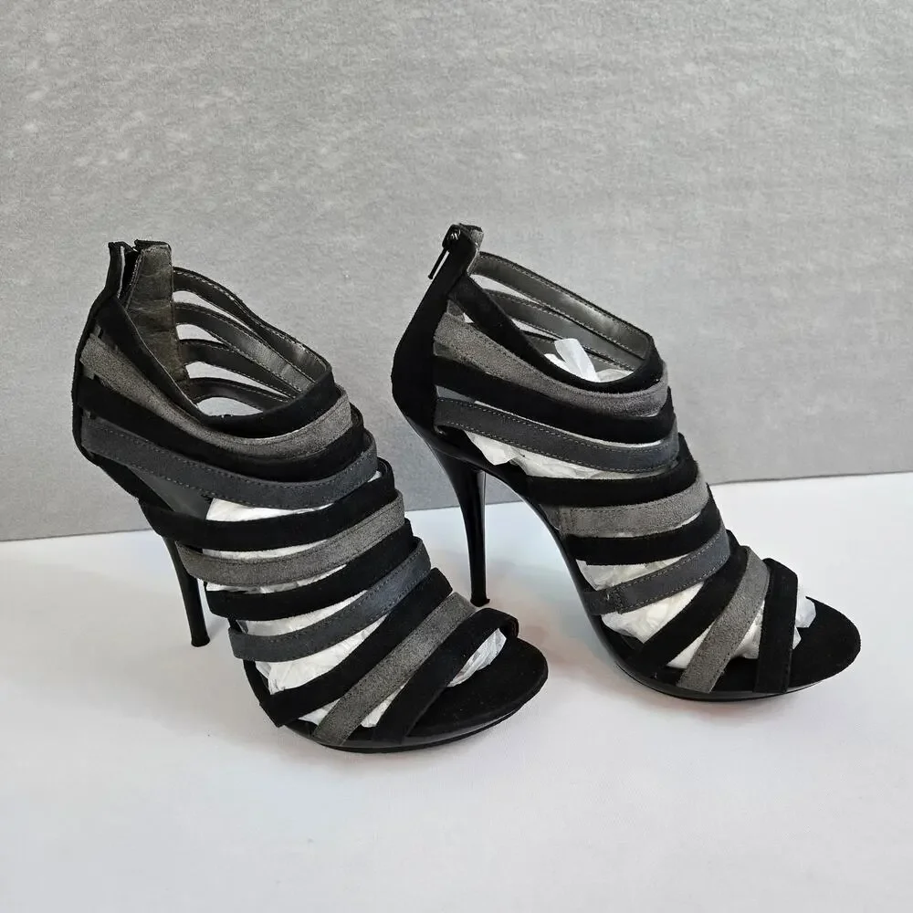 Michael Antonio Suede Black & Gray Multi-Strap Heels with Zipper Back Size 6.5